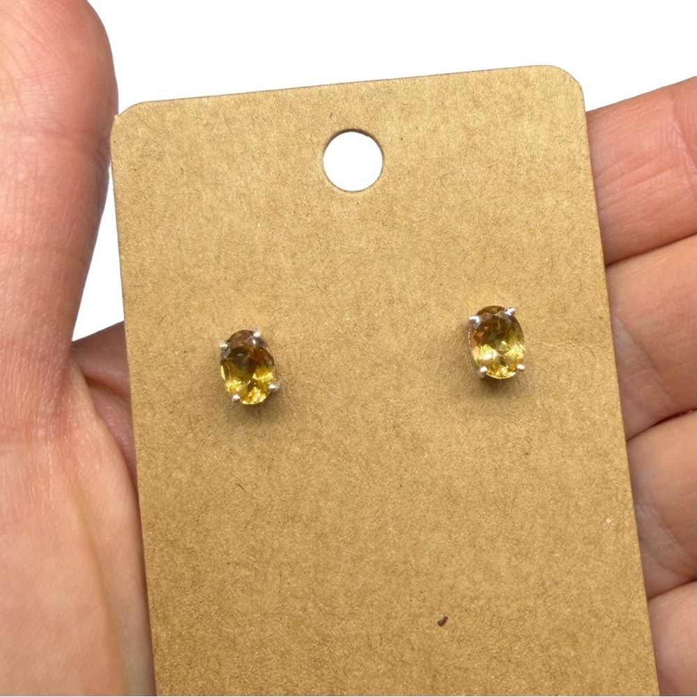 Citrine Stud Earrings Solid 925 Sterling Silver Faceted Oval Stone - Picture 3 of 4